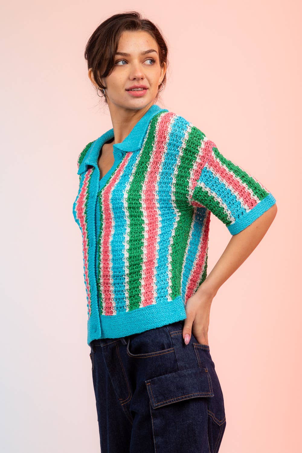 12W2678L-Multi-Stripe Buttoned Summer Sweater