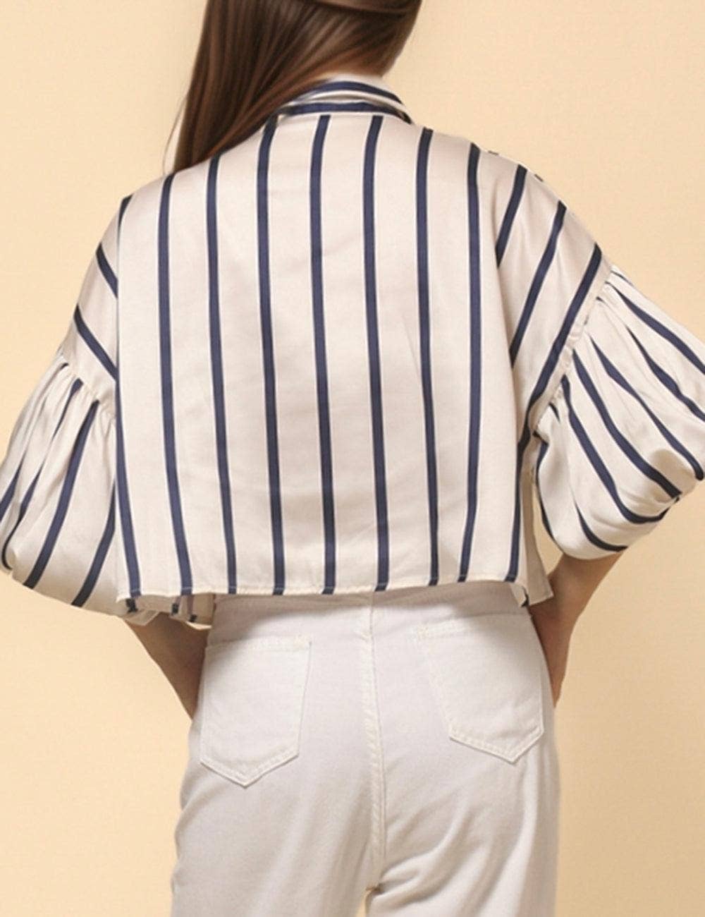 Ladies Lantern Sleeve Striped Short Shirt