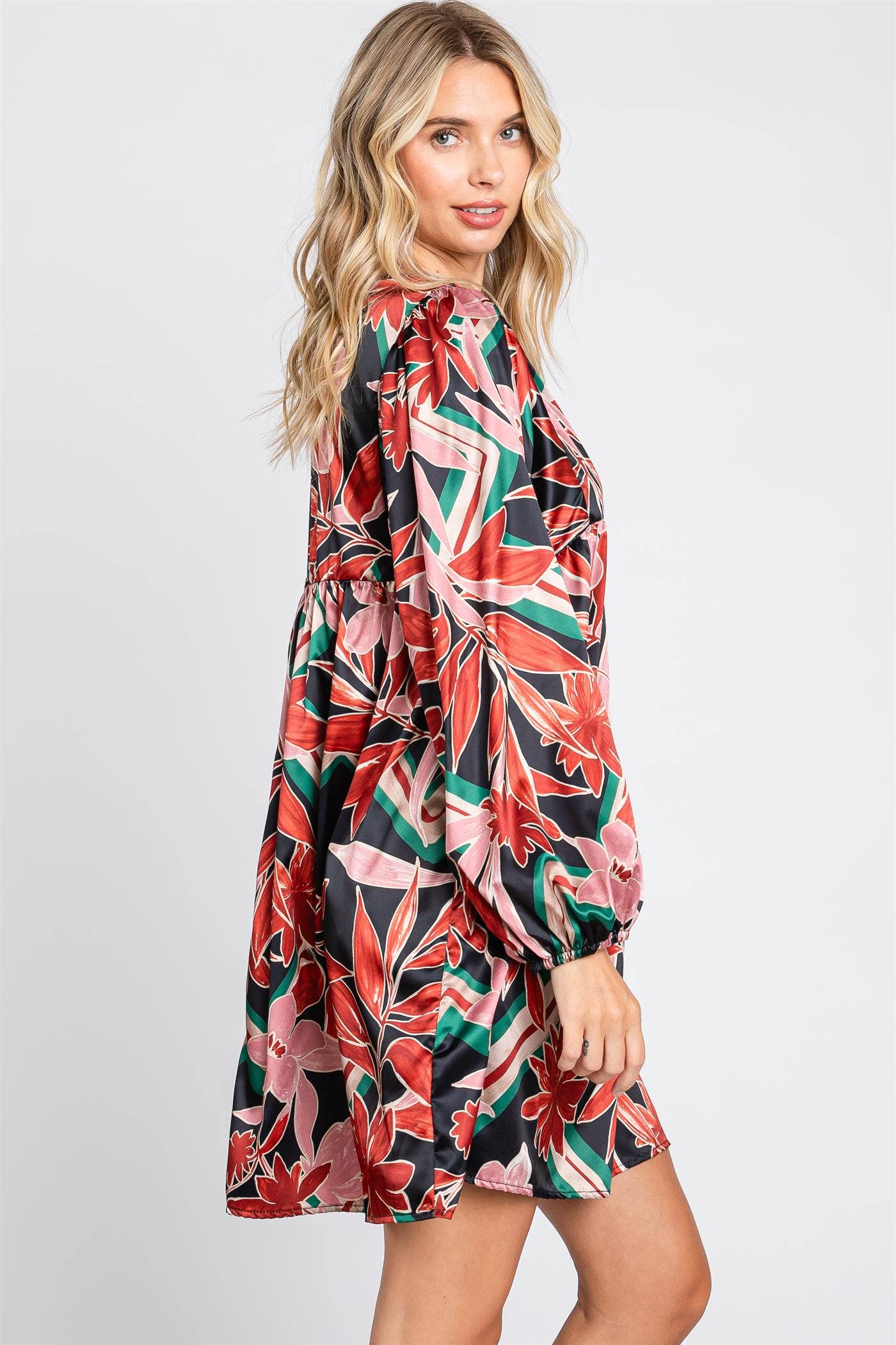 Floral Satin Babydoll Mini Dress, WD61032