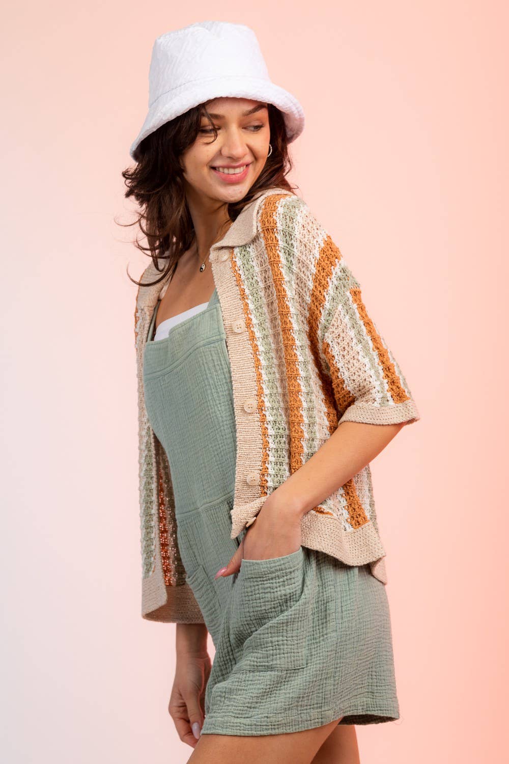 12W2678L-Multi-Stripe Buttoned Summer Sweater