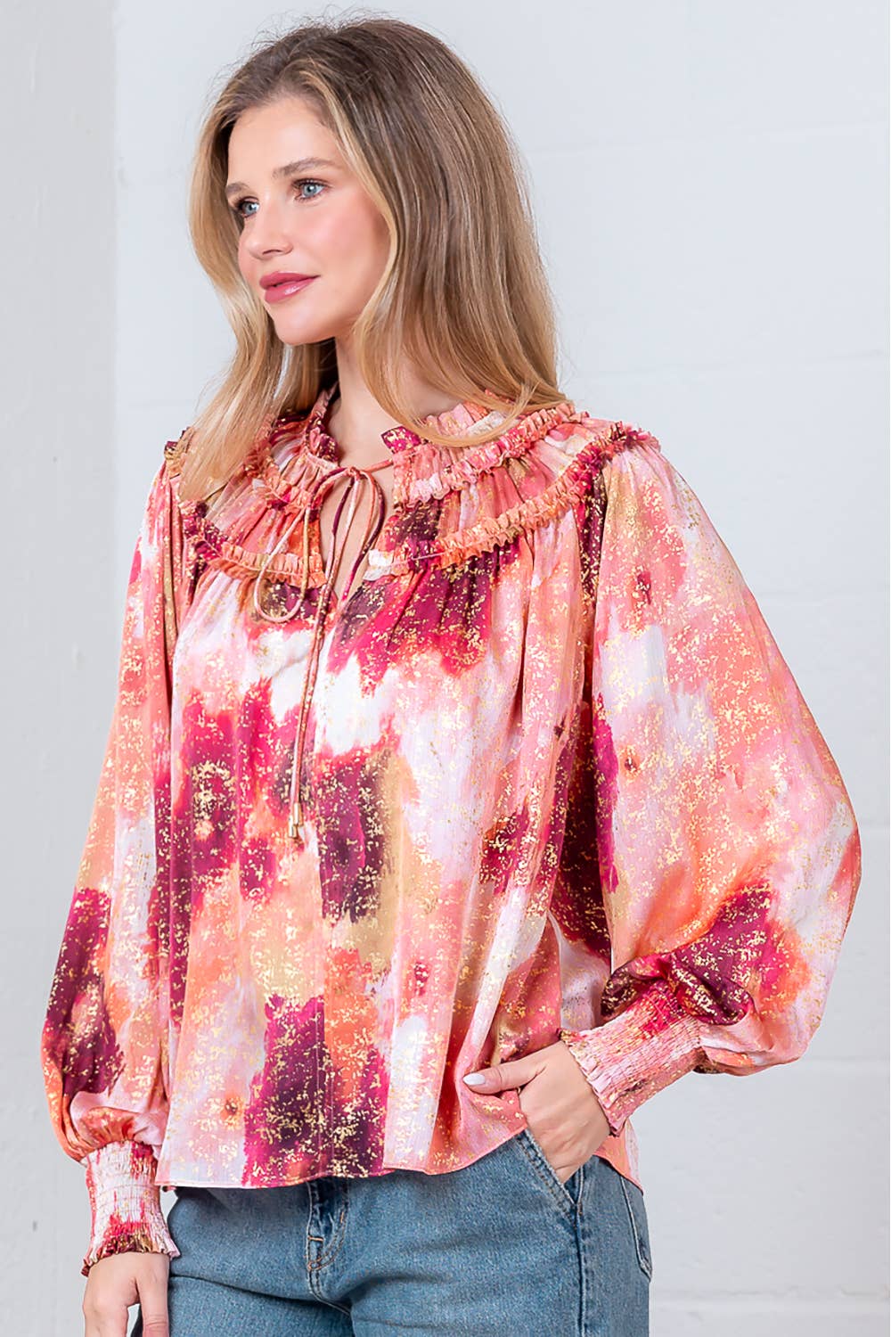 HT28064T-FLOWY BLOUSE WITH NECK TIE & SMOCKING DETAIL