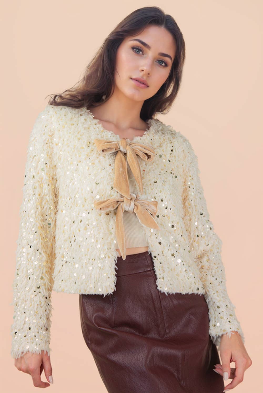 NJ90462-Sequin Textured Holiday Jacket W/ Front Tie