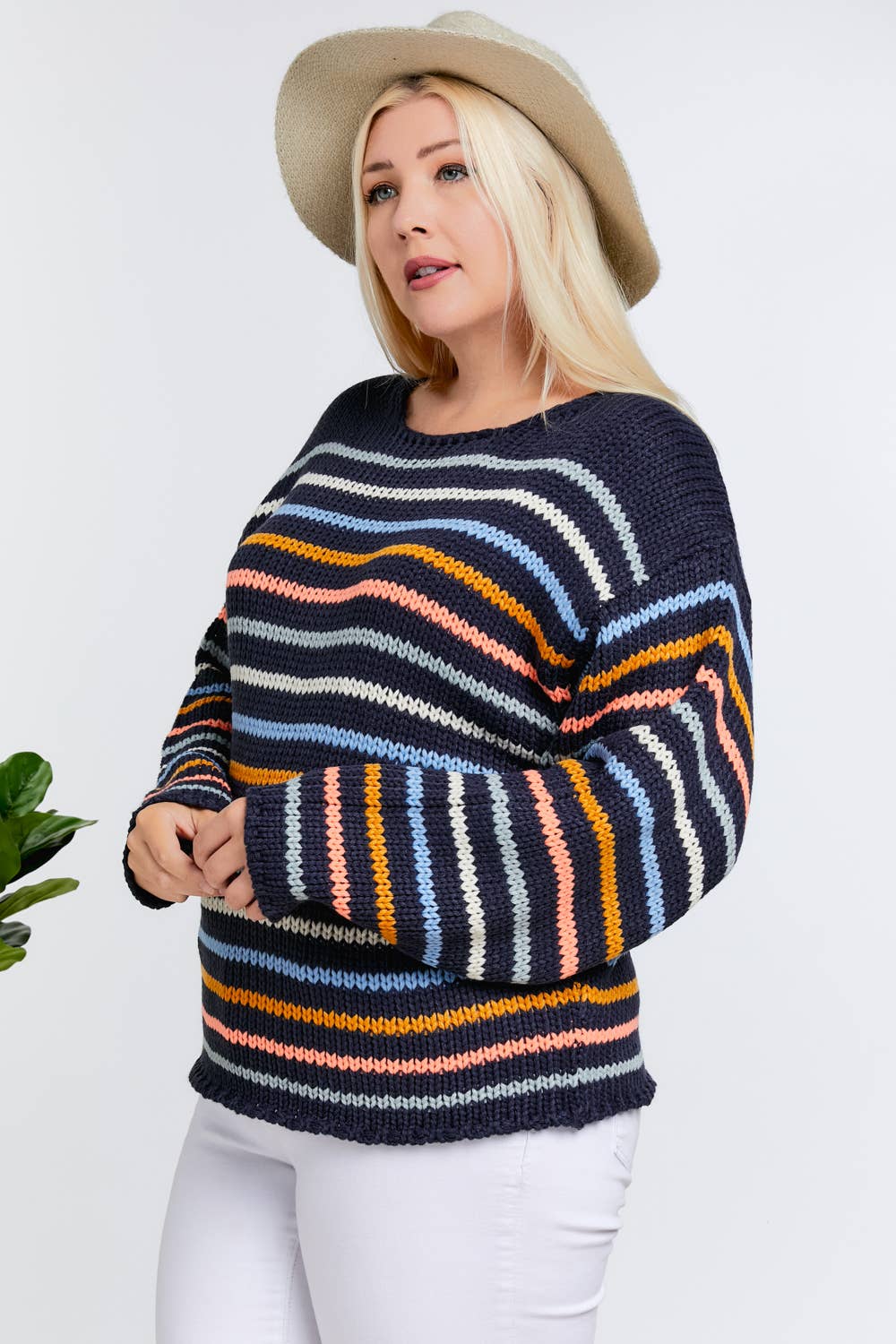 PLUS STRIPE ROUND NECK LONG SLEEVE SWEATER - Acrylic