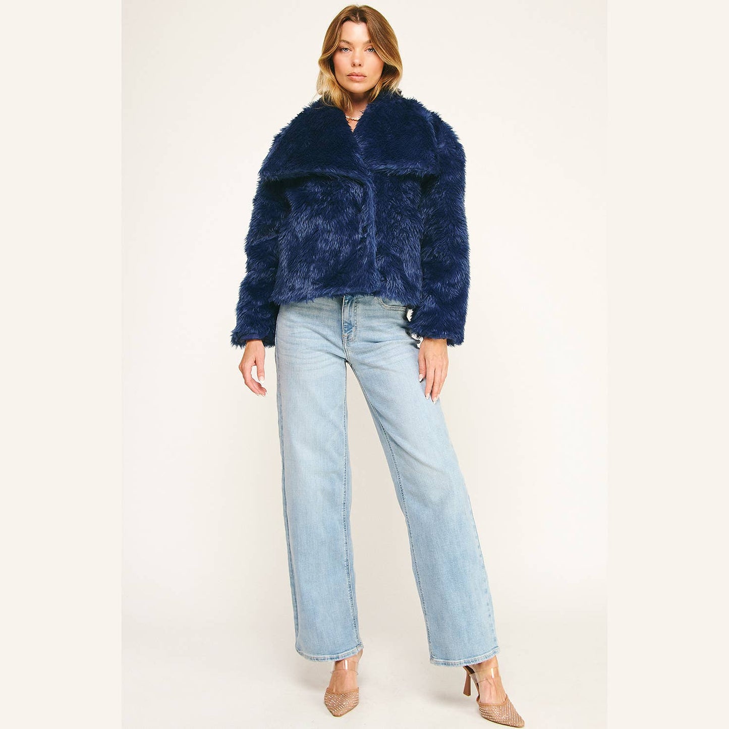 LUXE NAVY FAUX FUR CROPPED JACKET