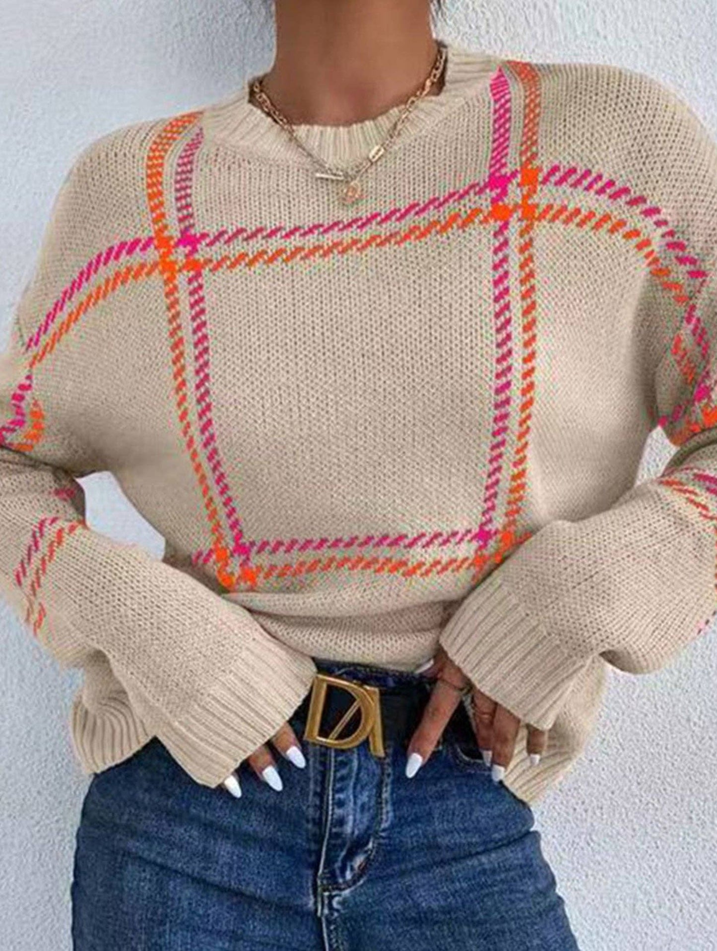 Check Colorblock Crew Neck Sweater