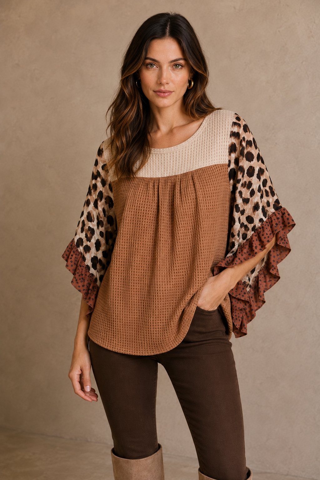 Mixed Media Animal Print Lurex Ruffle Flutter Sleeve  Top