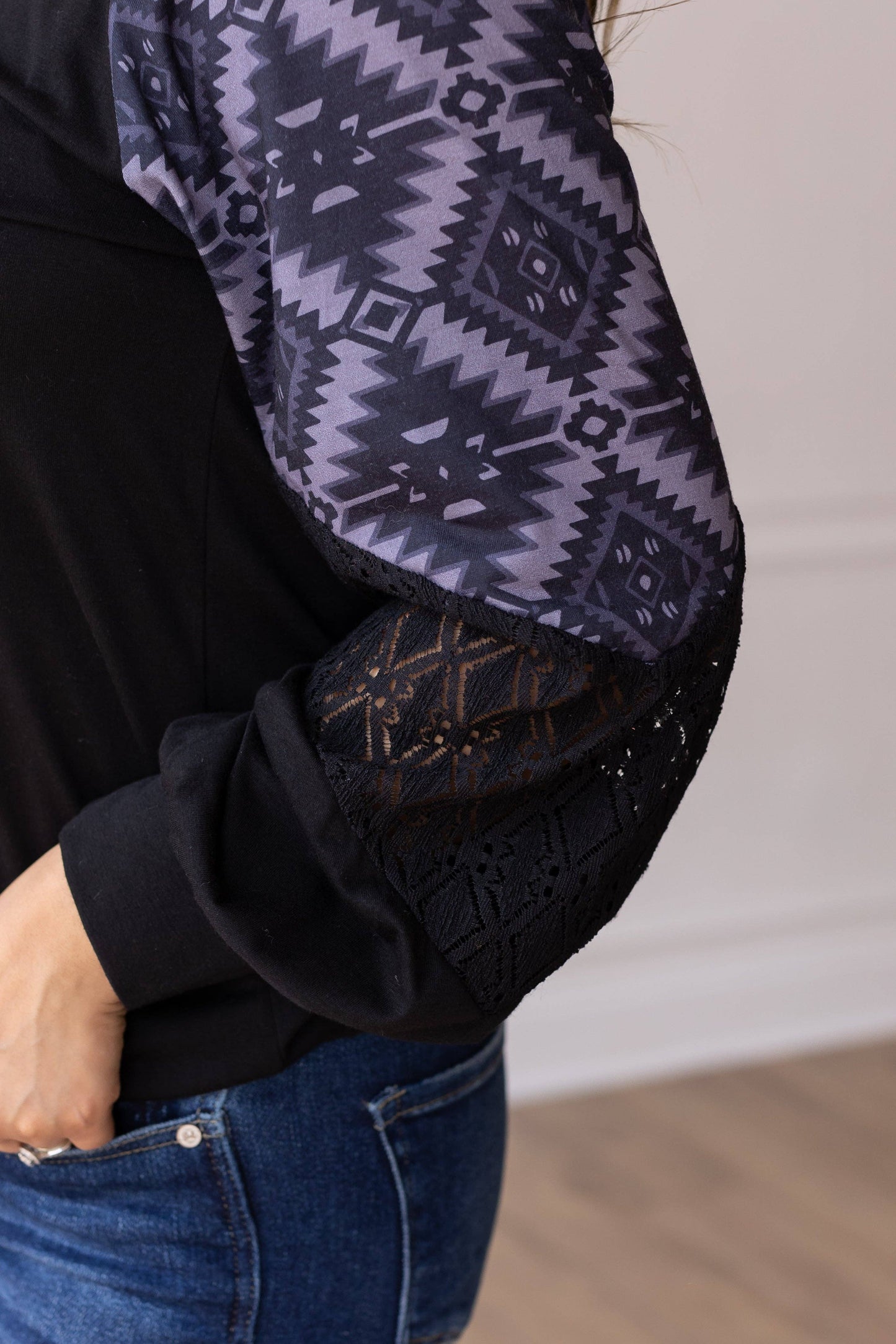 Black Top with Aztec Lace Puff Sleeve