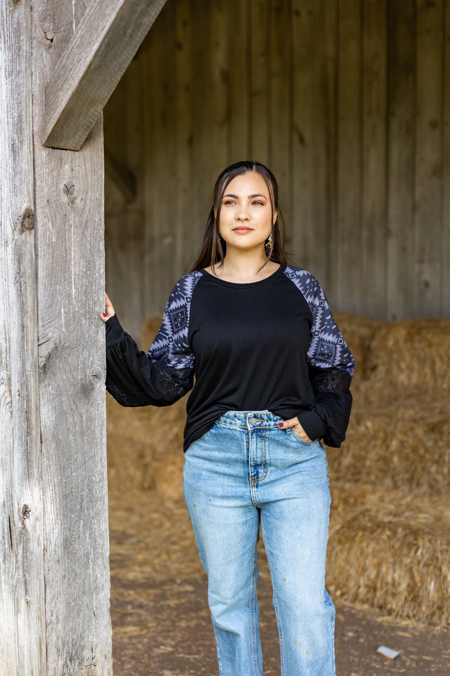 Black Top with Aztec Lace Puff Sleeve