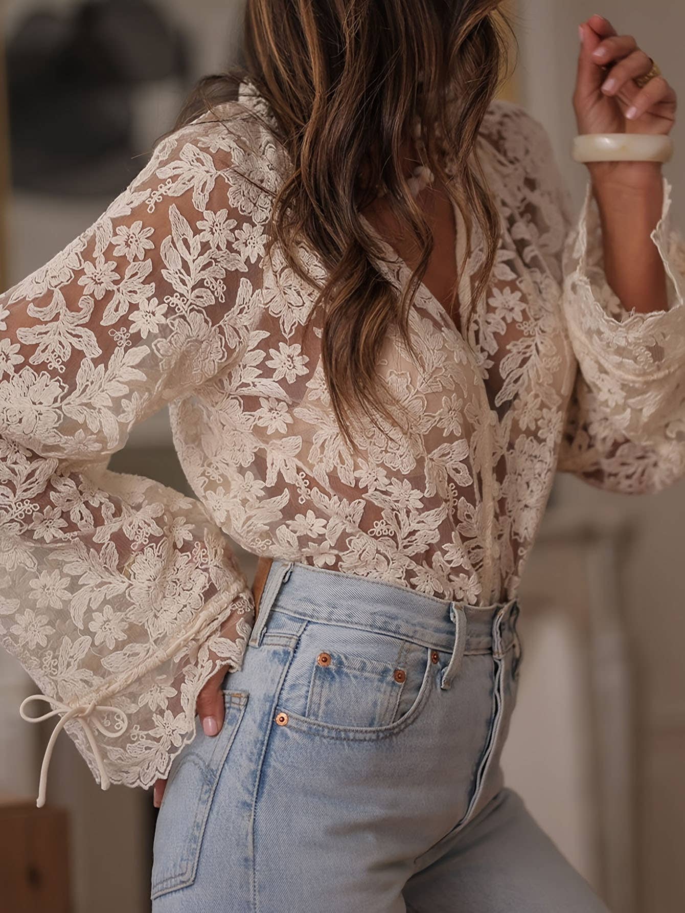 Casual Lace Long-Sleeve Blouse