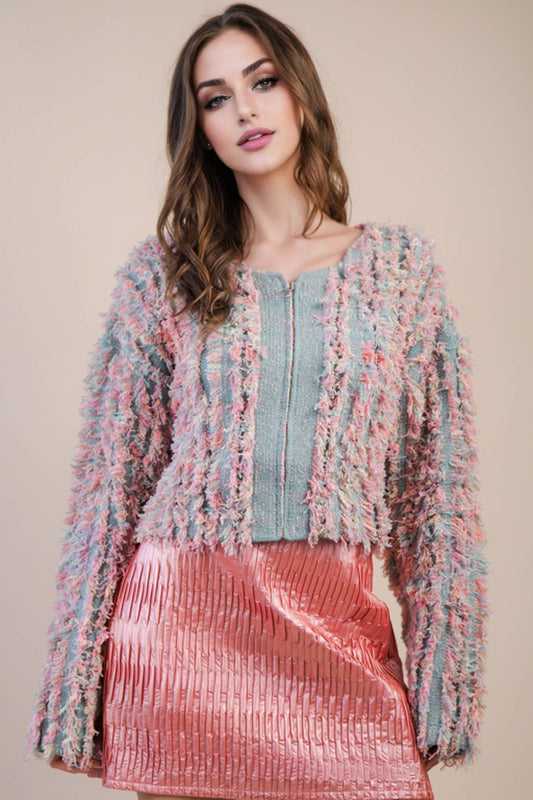 12W3077N-Soft Shaggy Yarn Knit Sweater Holiday Jacket