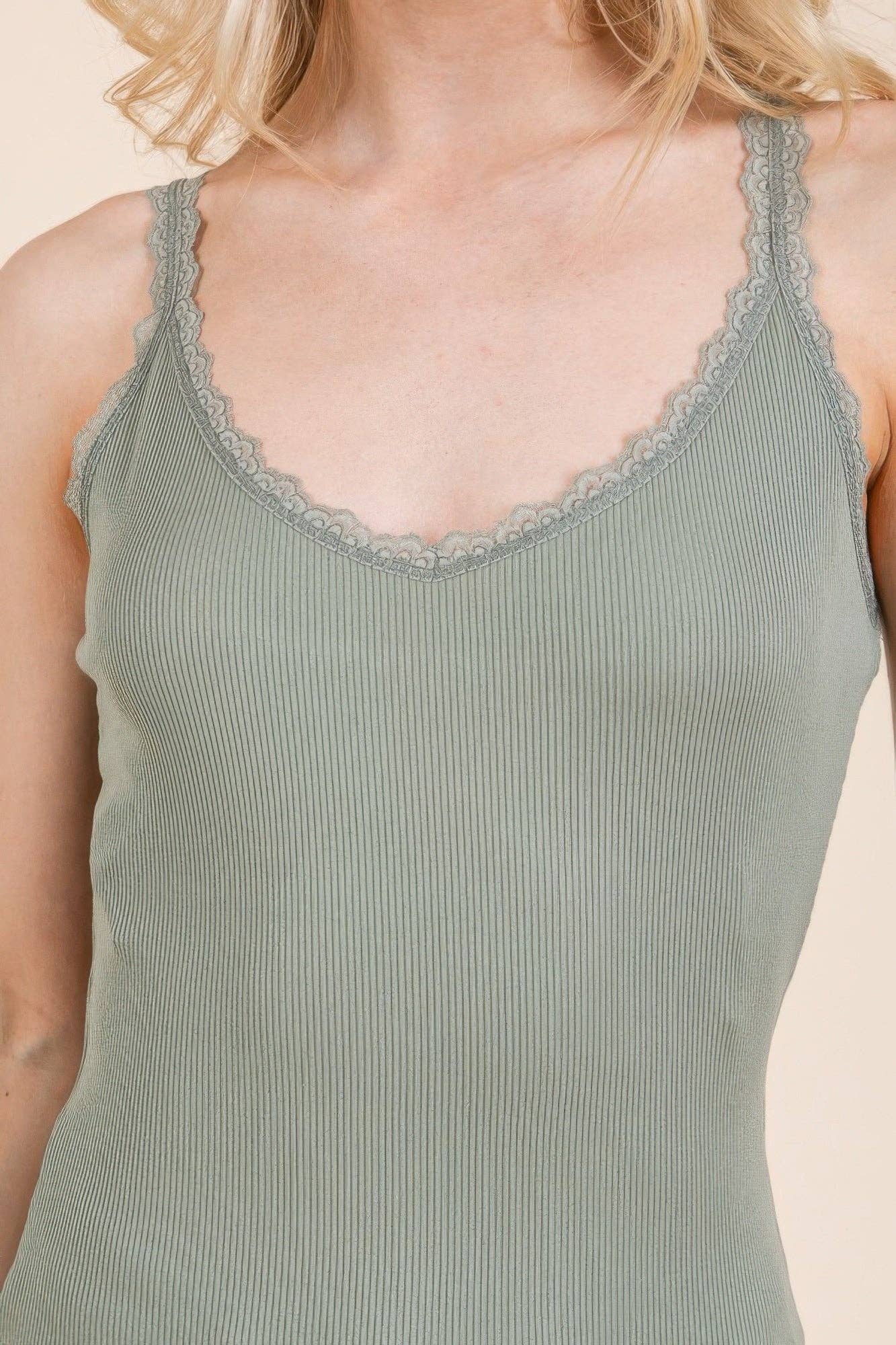 Ribbed V-neck Lace Trim With Strap Tank Top