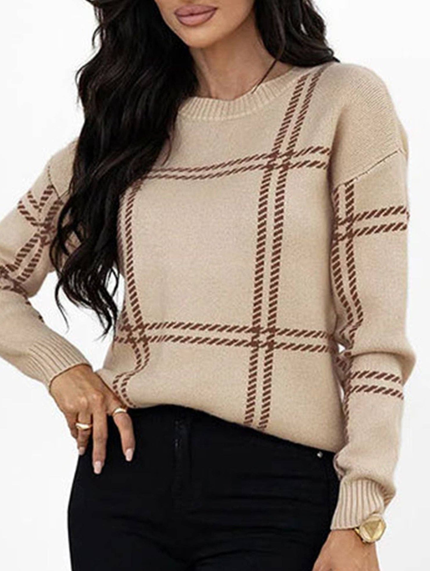 Check Colorblock Crew Neck Sweater