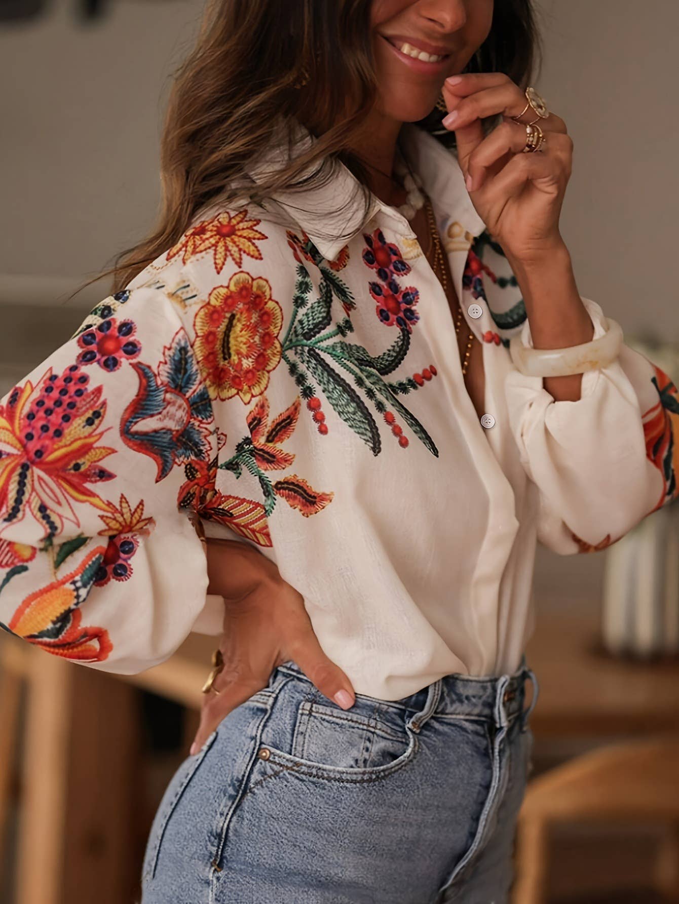 Botanical Print Loose Lapel Long Sleeve Casual Shirt