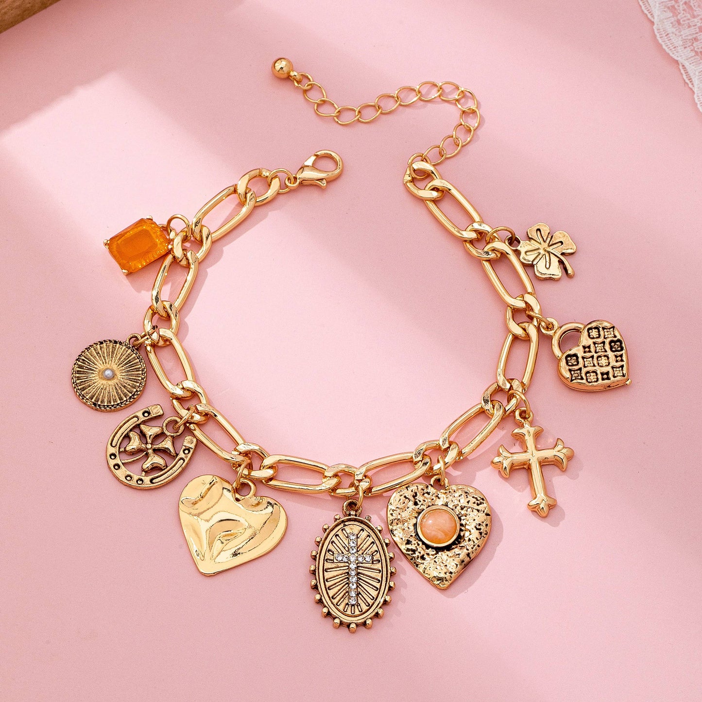 Charm Bracelet-Cross Heart Oval Motifs | 80B1651