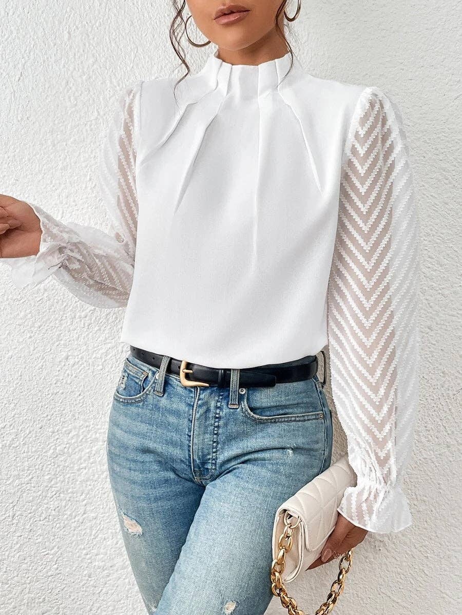 Mock Neck Chiffon Blouse Lace Sleeve Elegant Work Top