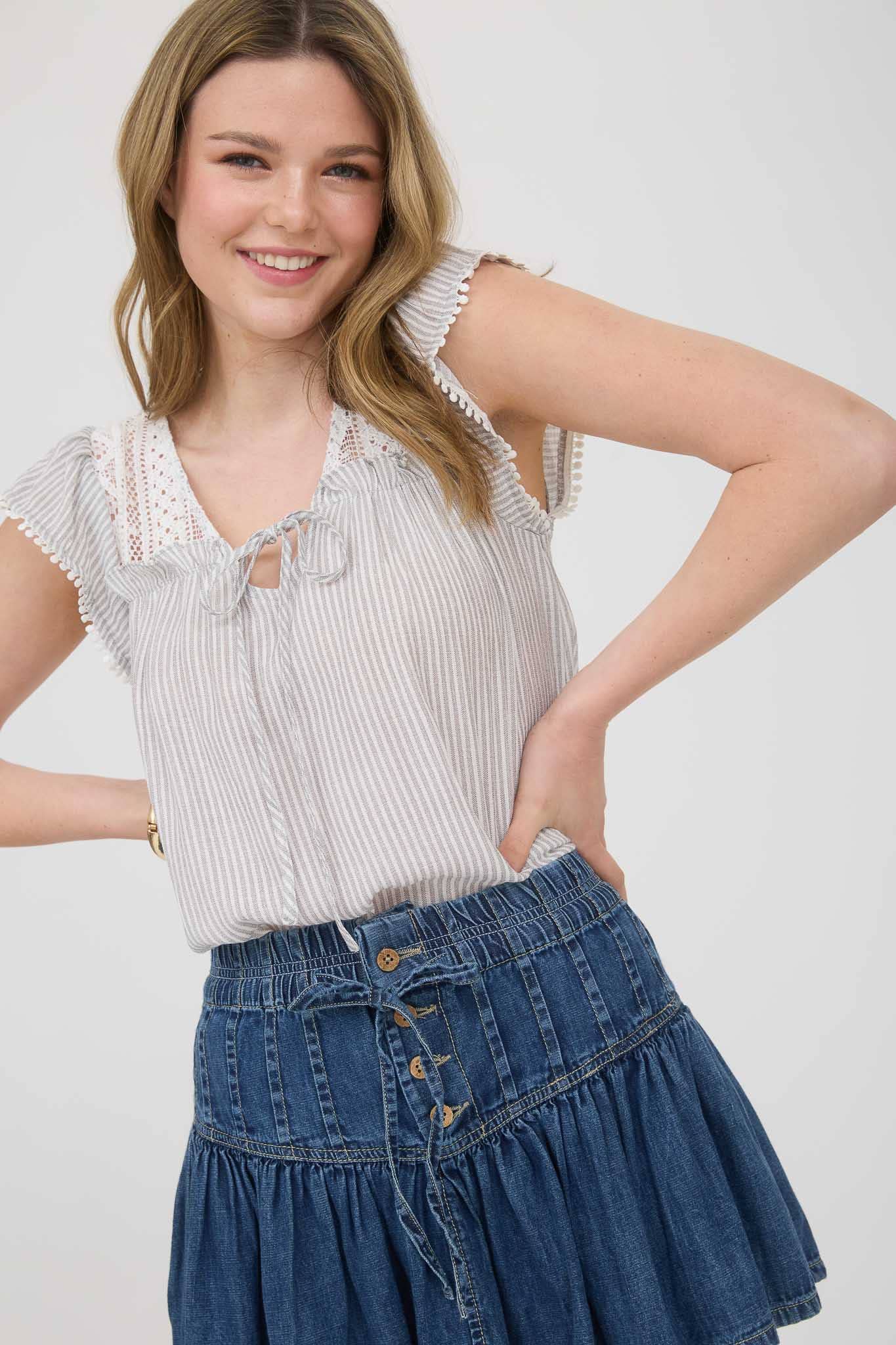 STRIPE LACE YOKE FRONT TIE SHORT SLEEVE TOP
