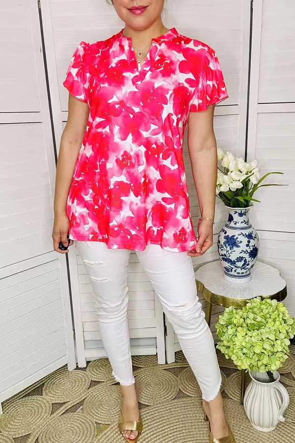 Short sleeve/ruffle V-neckline women tops GJQ15835