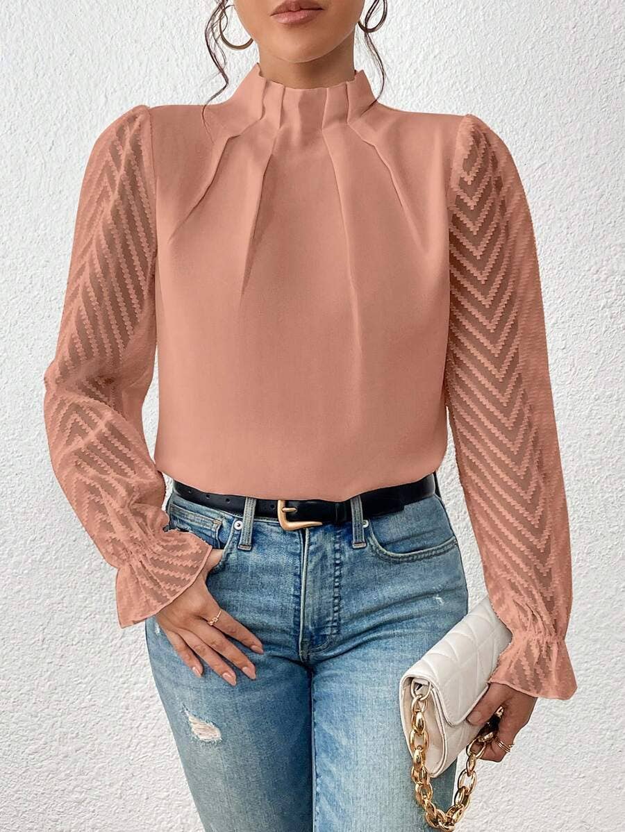 Mock Neck Chiffon Blouse Lace Sleeve Elegant Work Top