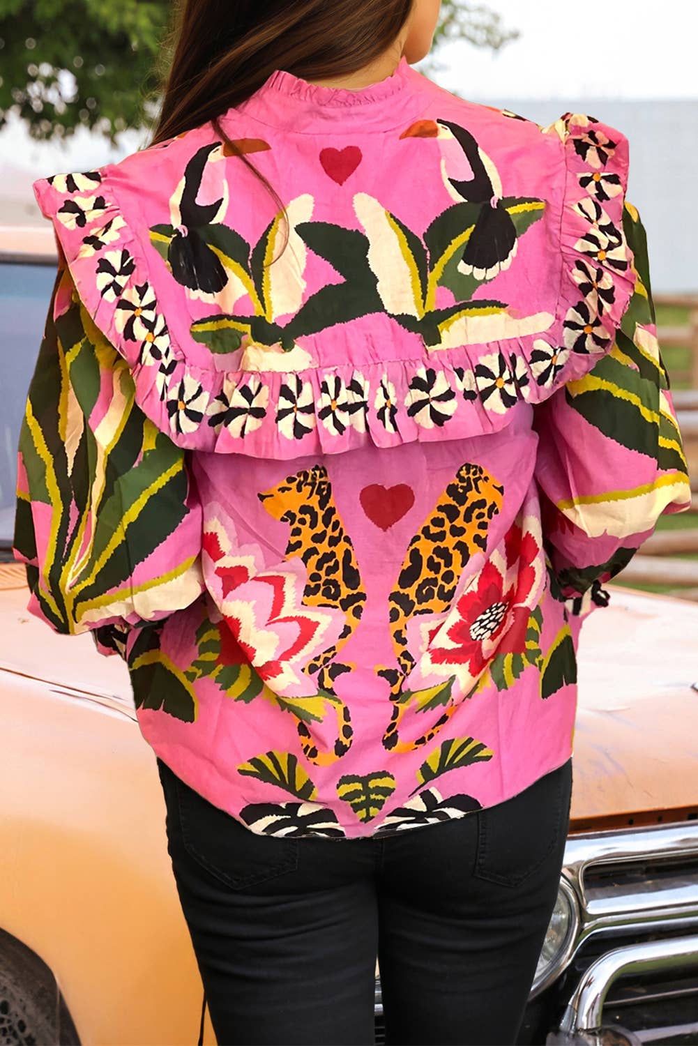 Fashion-W Boho Leopard Print Tropical Ruffle Blouse