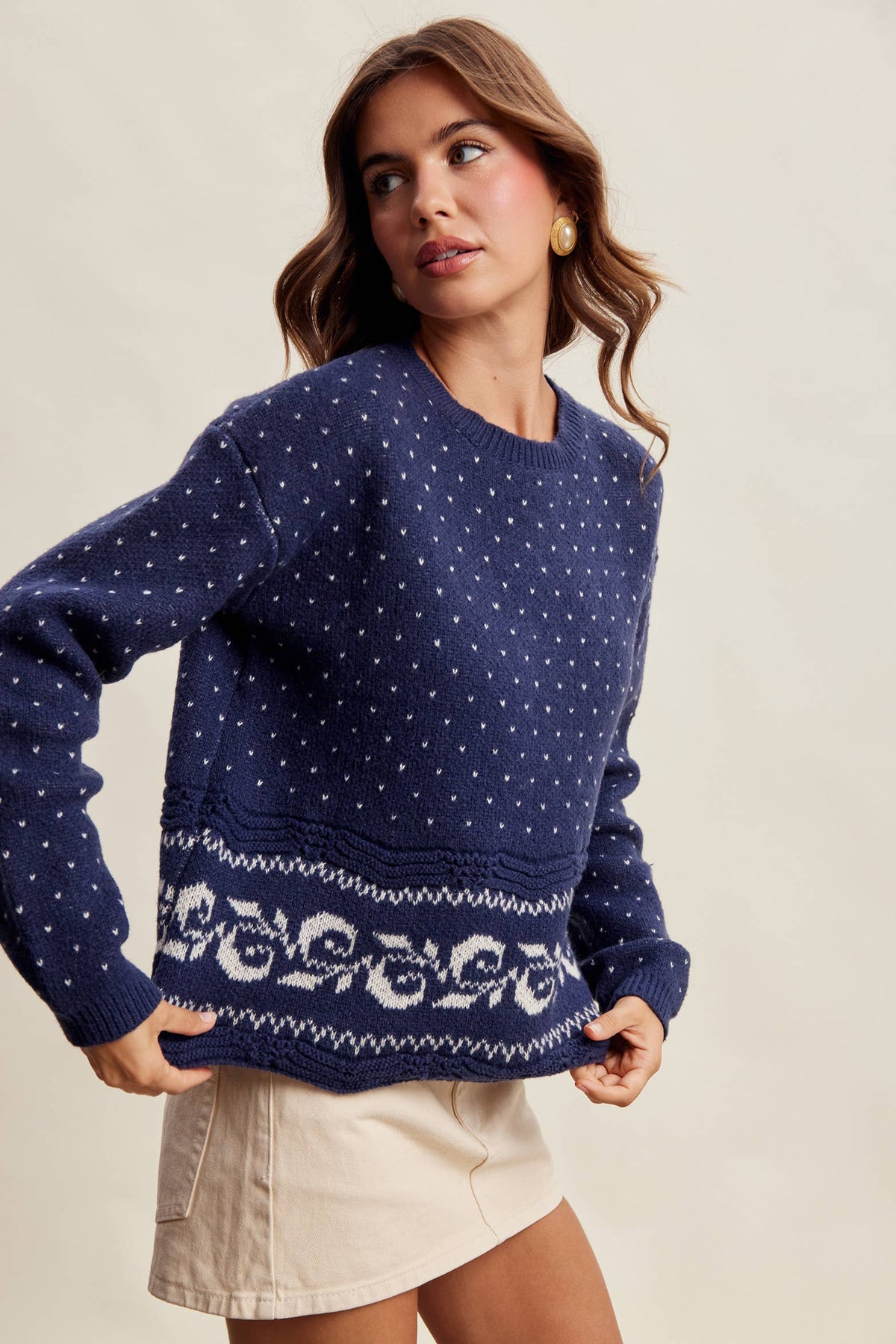 Swiss Dot Border Knit Sweater LSW1092