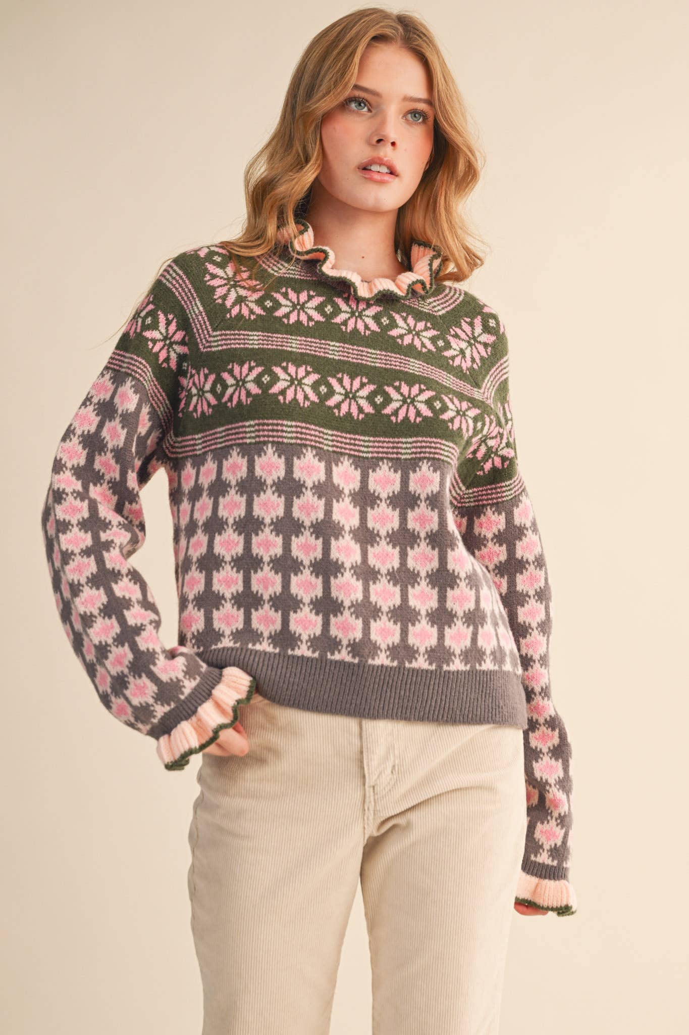 RUFFLED MOCK NECK FAIR ISLE SWEATER MSW10961