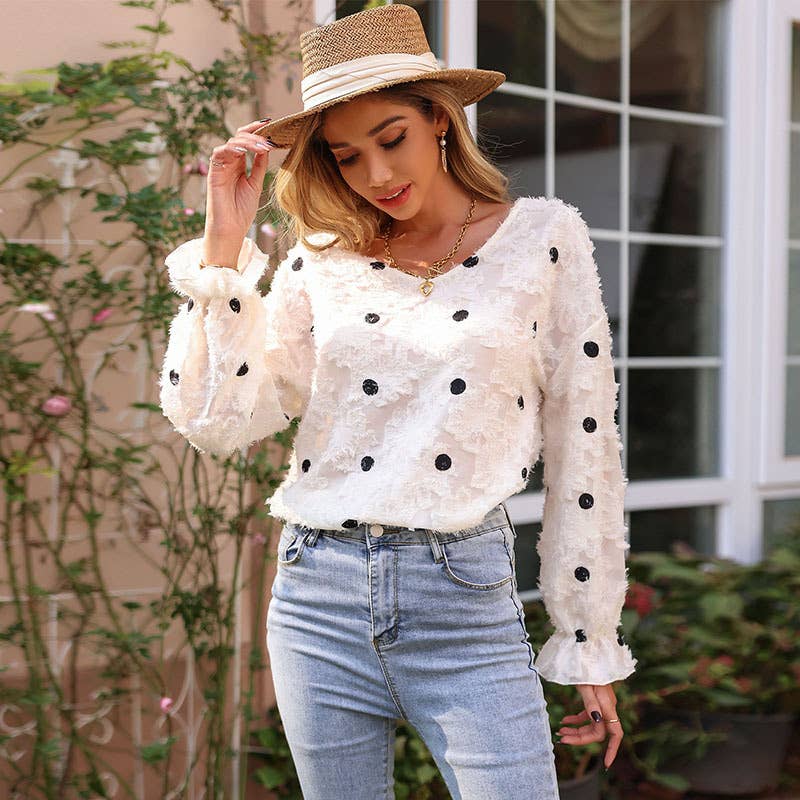 SEE-THROUGH PULLOVER V-NECK POLKA DOT SHIRT