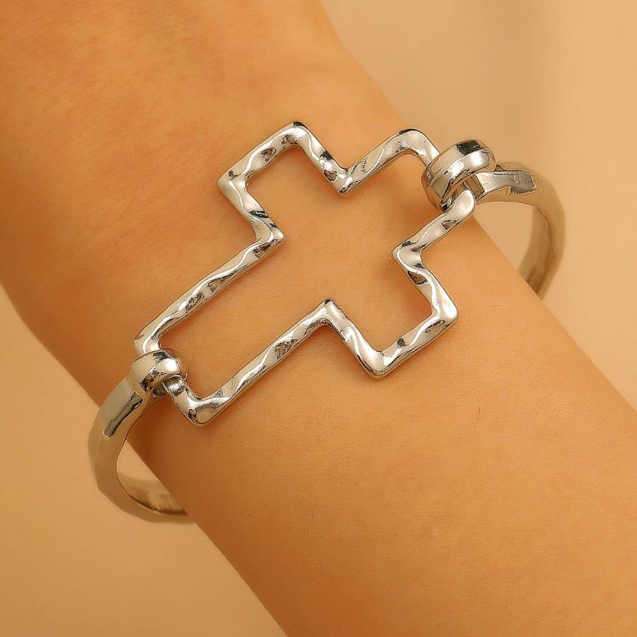 Hammered Open Cross Bangle - Silver or Gold | 40B5235