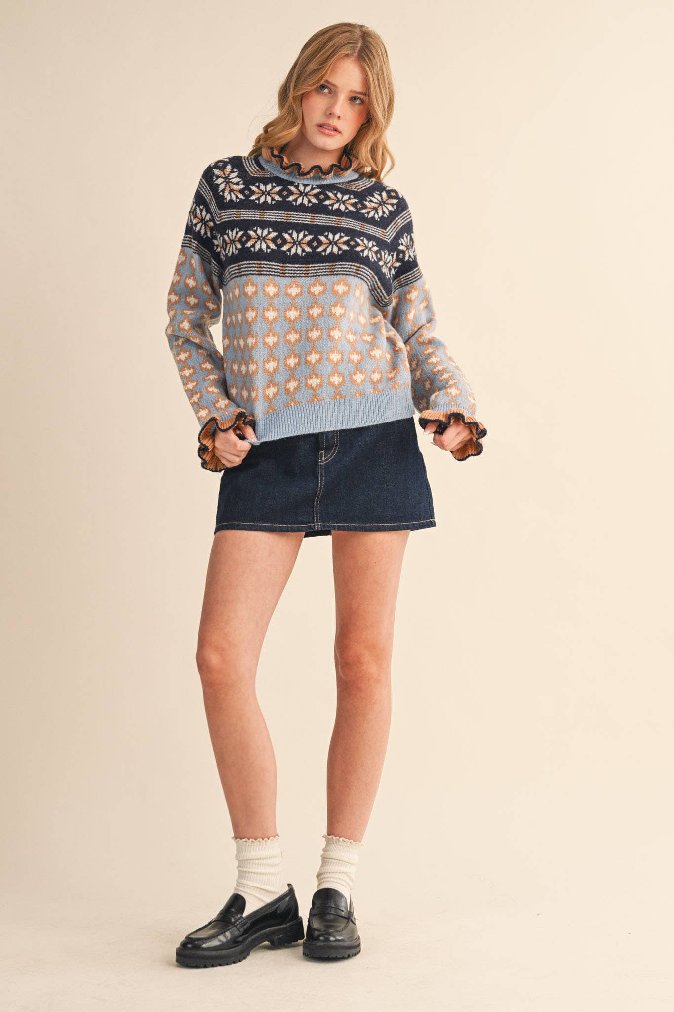 RUFFLED MOCK NECK FAIR ISLE SWEATER MSW10961