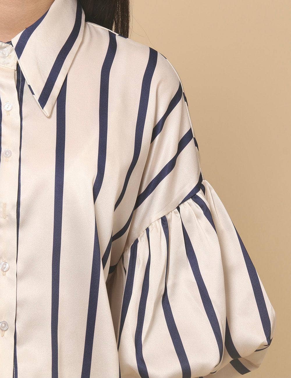 Ladies Lantern Sleeve Striped Short Shirt