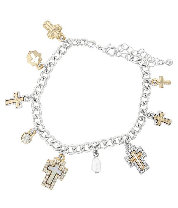 ( M450 )  MULTI CROSS CHARM TOGGLE BRACELET