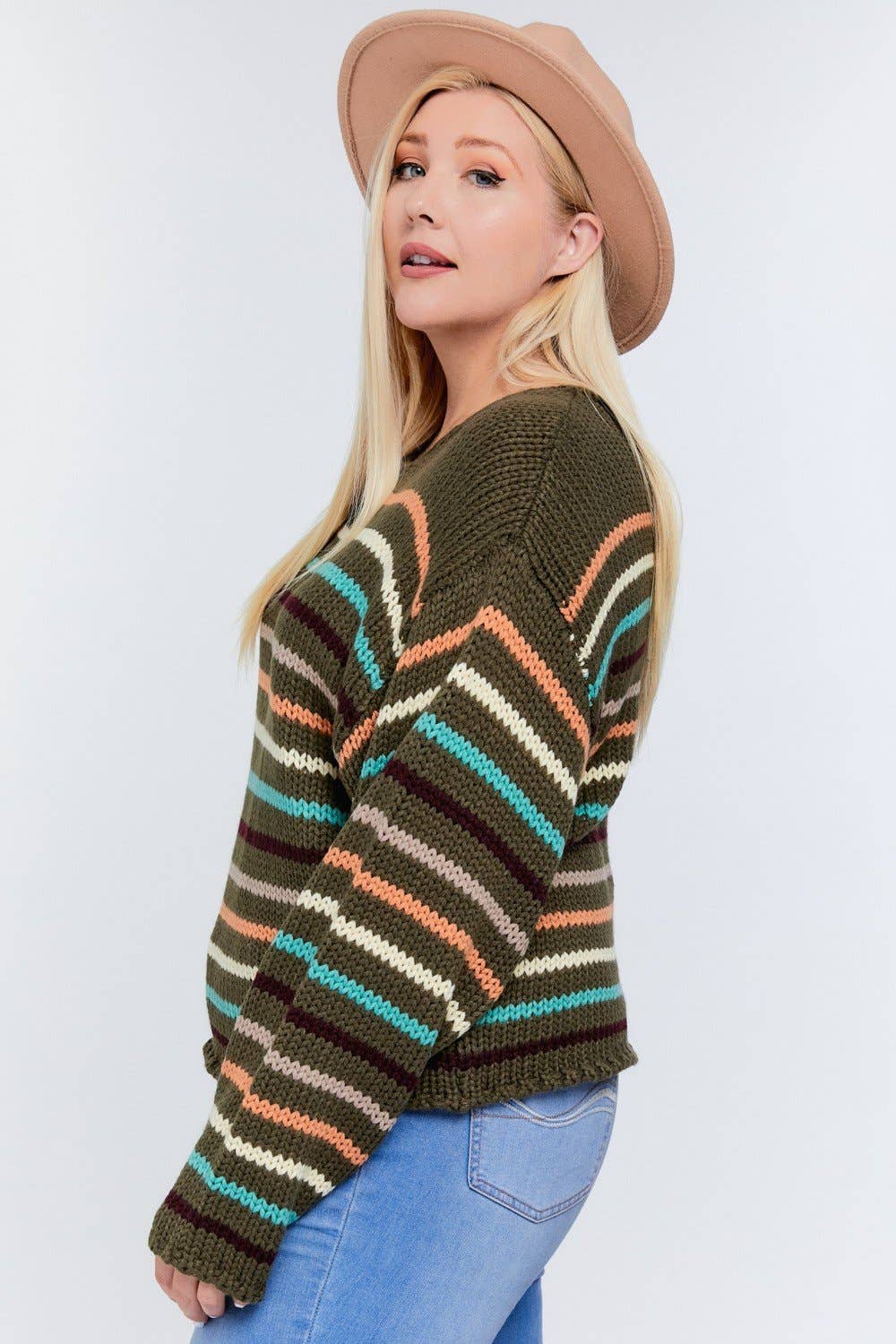 PLUS STRIPE ROUND NECK LONG SLEEVE SWEATER - Acrylic