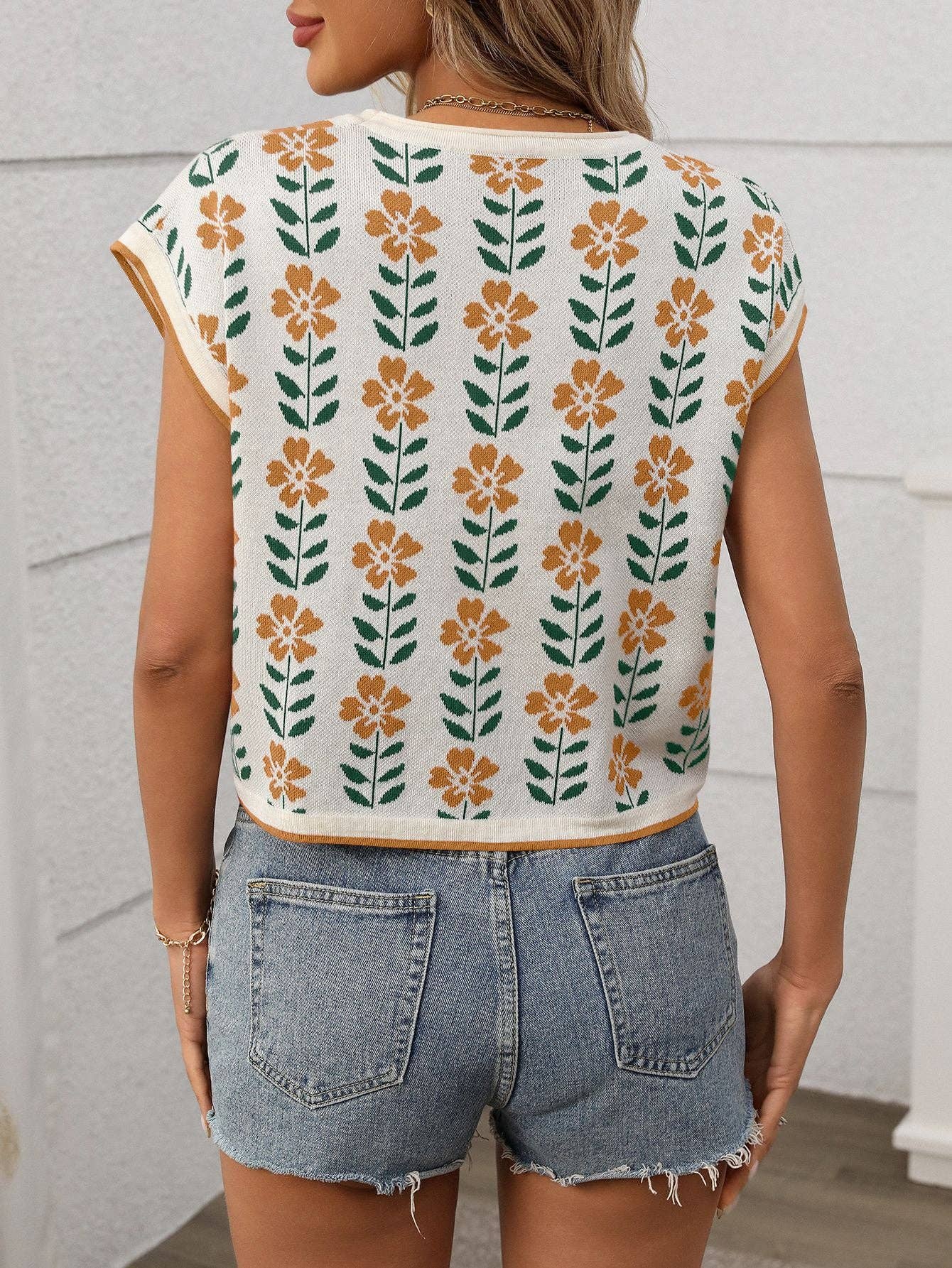 Women’s Vintage Floral Knit Crop Top Cap Sleeve Tee
