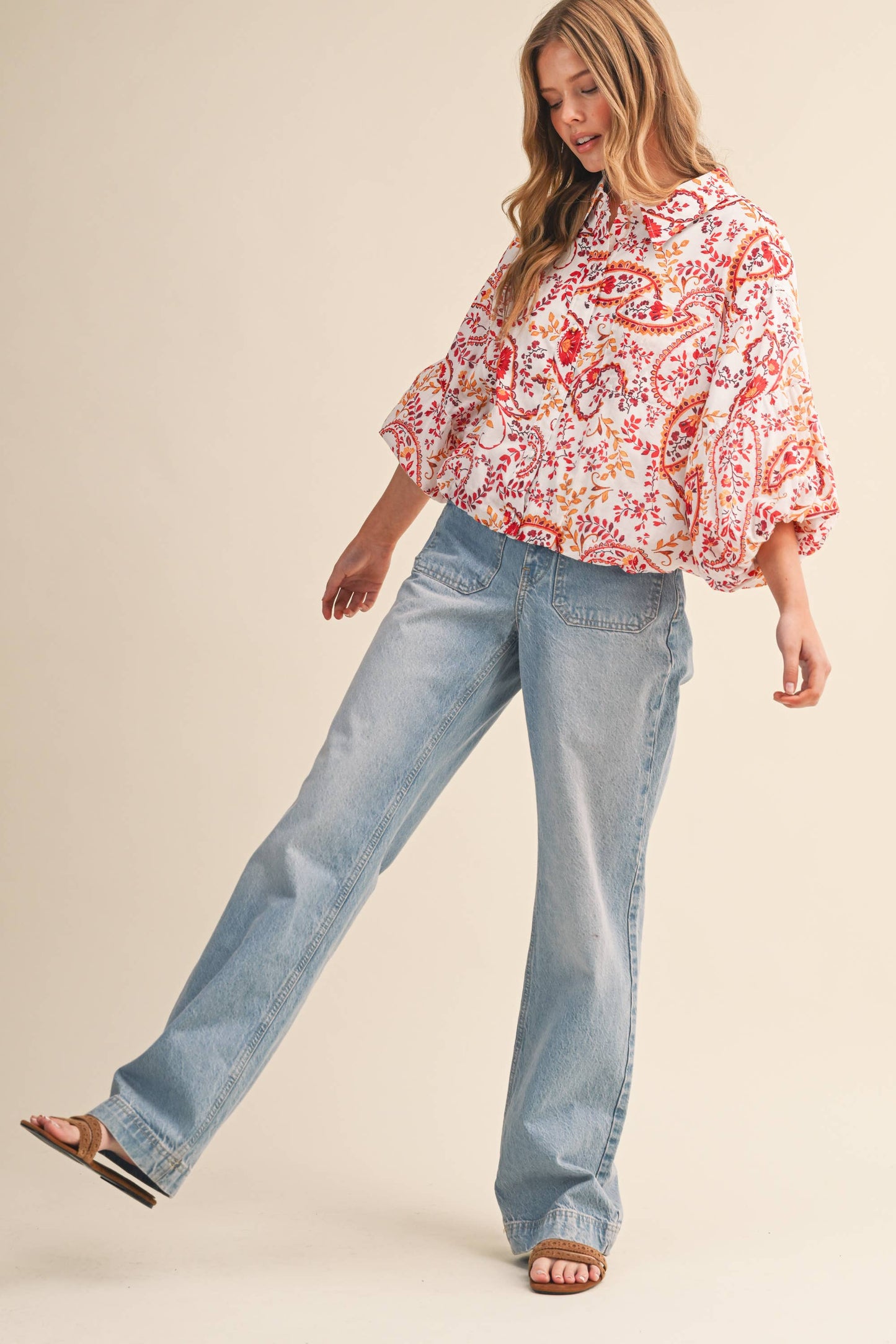 EXCLUSIVE PAISLEY PRINT BUTTON DOWN BUBBLE SLV TOP MTP4568