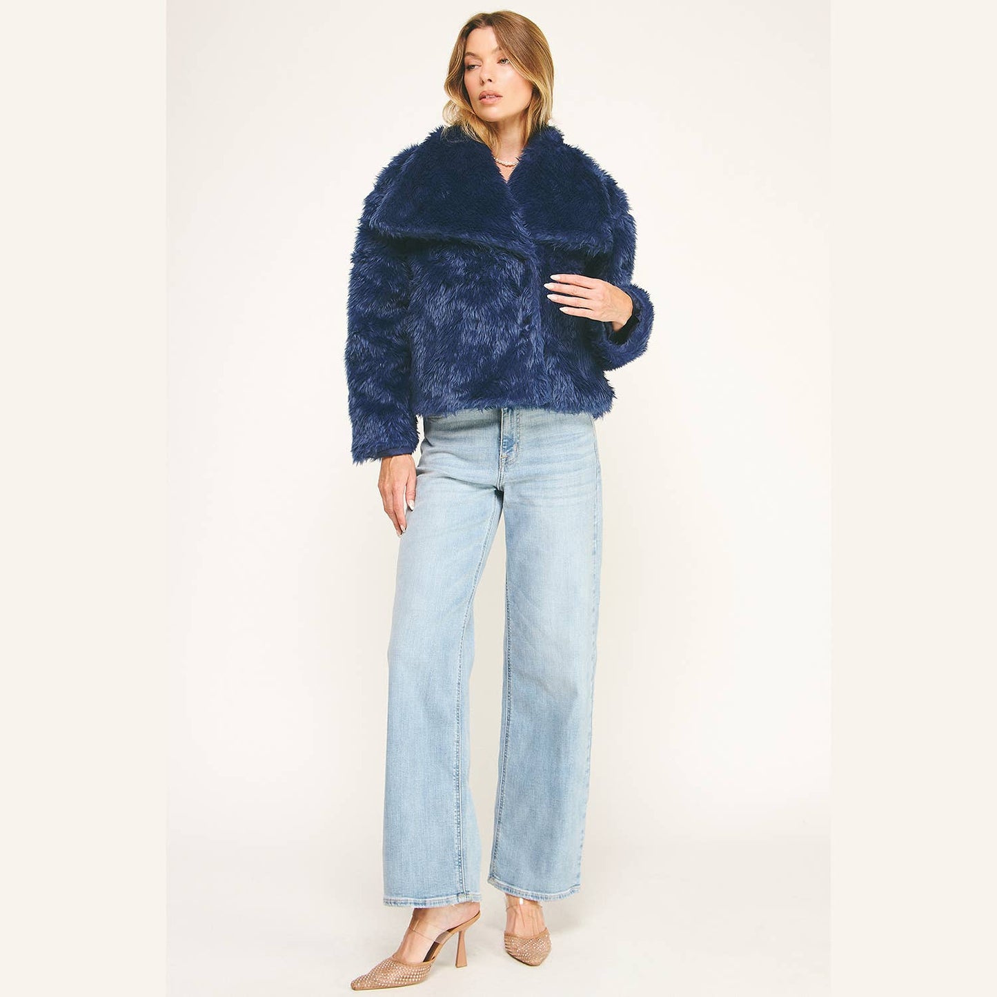 LUXE NAVY FAUX FUR CROPPED JACKET