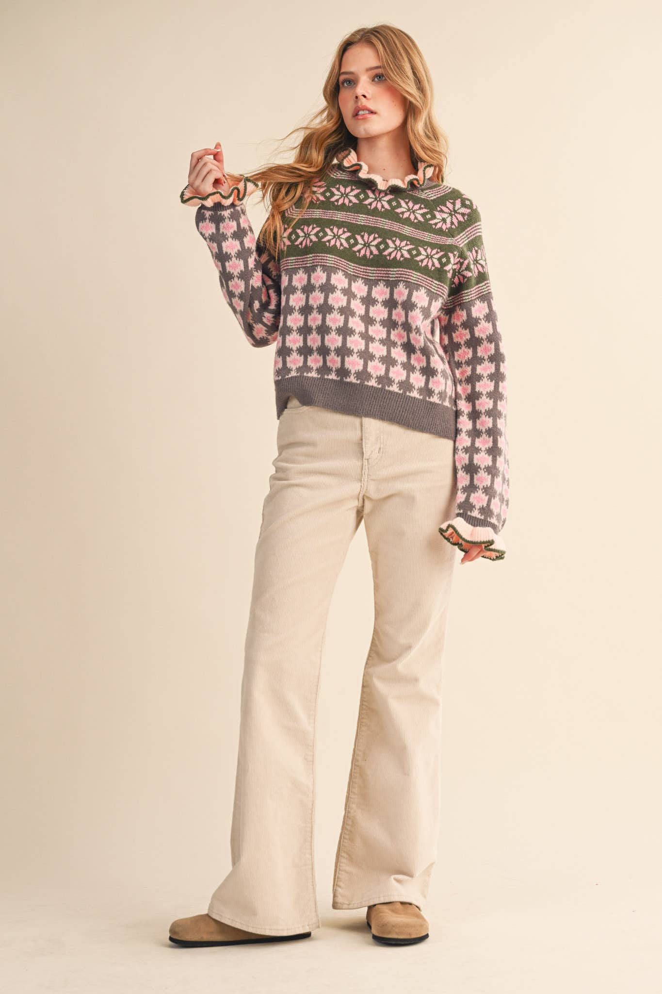 RUFFLED MOCK NECK FAIR ISLE SWEATER MSW10961
