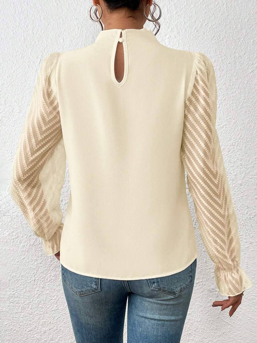 Mock Neck Chiffon Blouse Lace Sleeve Elegant Work Top