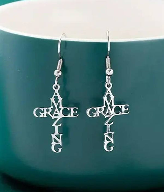( UX1148 )  STAINLESS STEEL AMAZING GRACE CROSS EARRING