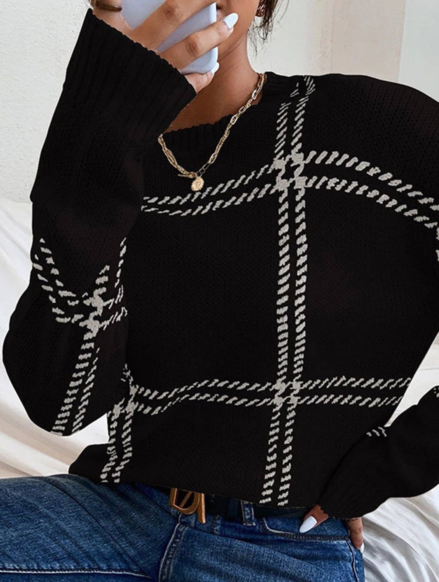 Check Colorblock Crew Neck Sweater