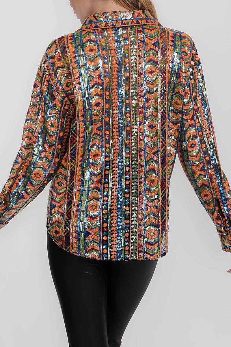 MULTI COLOR SEQUINED BUTTON DOWN SHIRT TOP