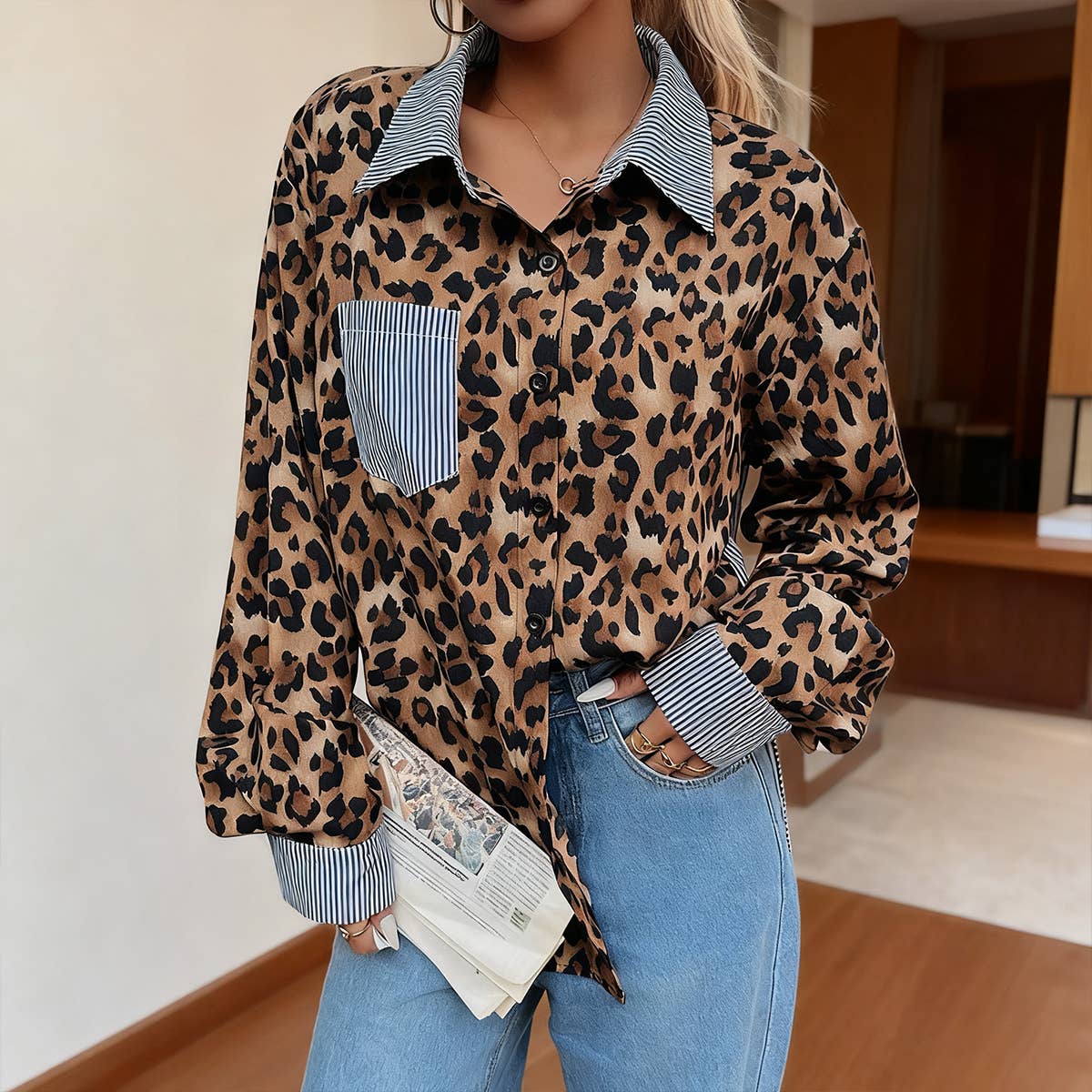 Fashionable leopard patchwork loose casual shirt