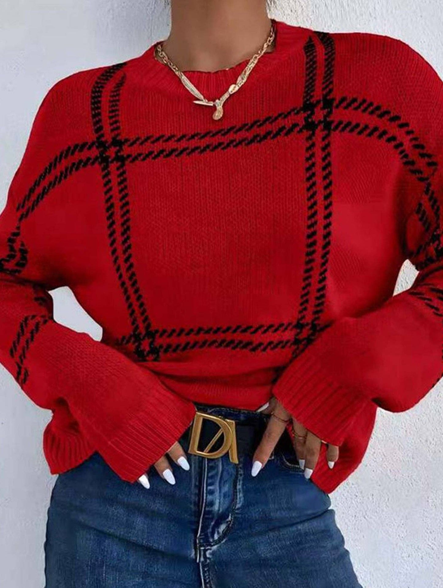 Check Colorblock Crew Neck Sweater