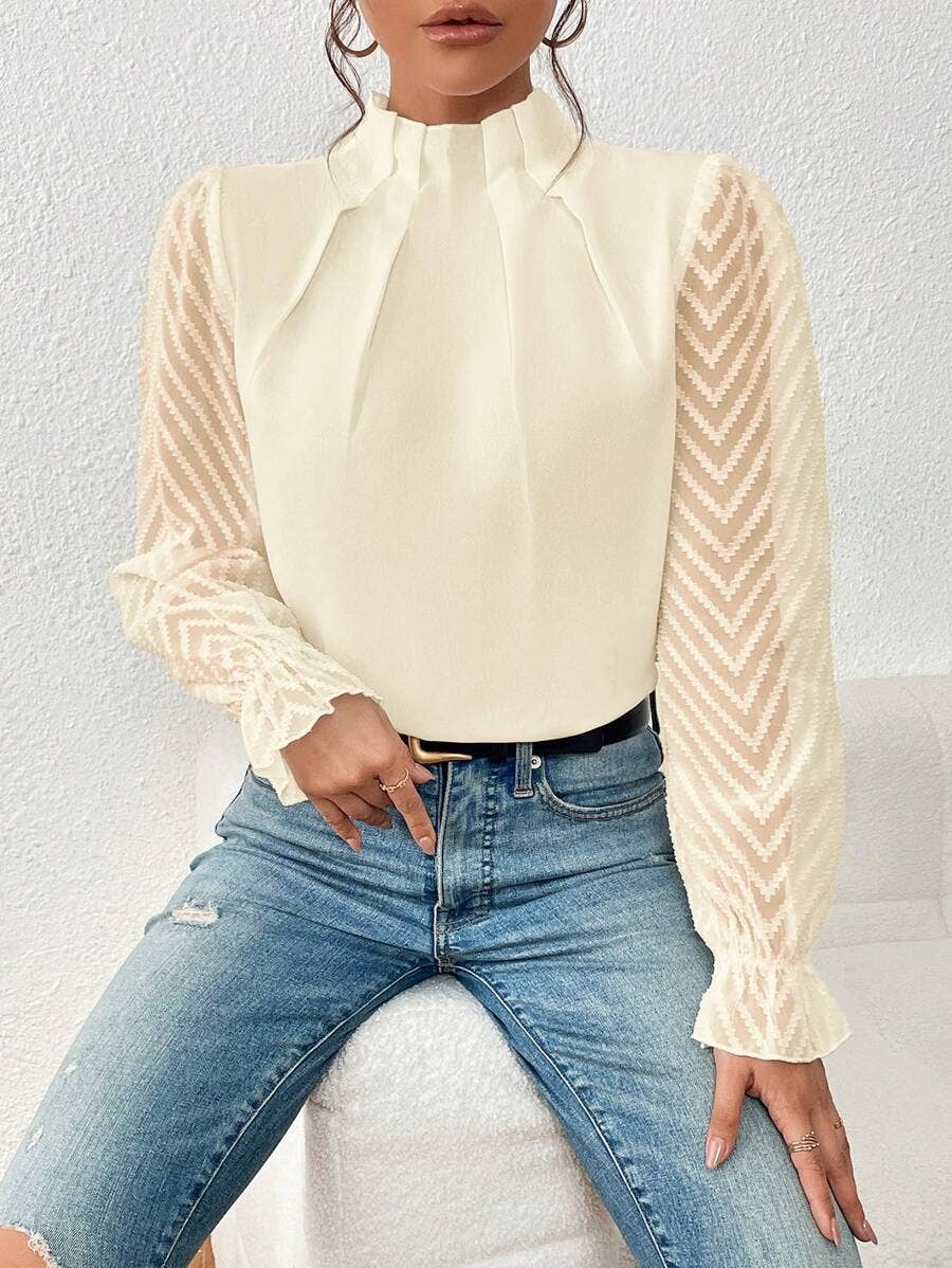Mock Neck Chiffon Blouse Lace Sleeve Elegant Work Top