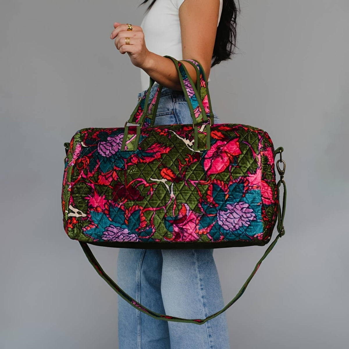 Dk. Green & Multicolored Floral Duffel