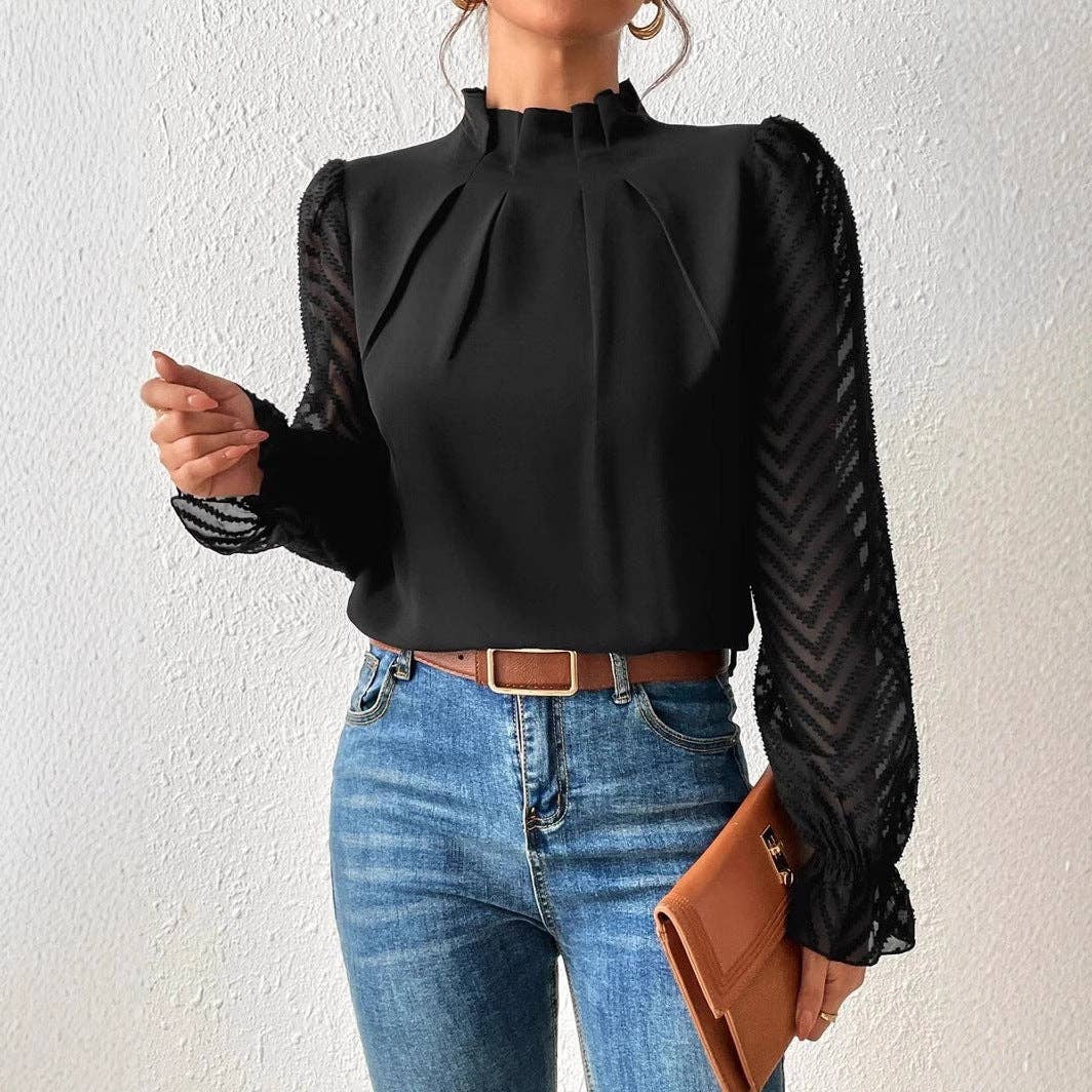 Mock Neck Chiffon Blouse Lace Sleeve Elegant Work Top