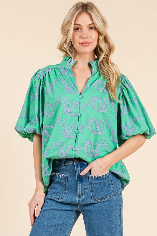 Plus Paisley Embroidered Button-Up Blouse, MT51230PL