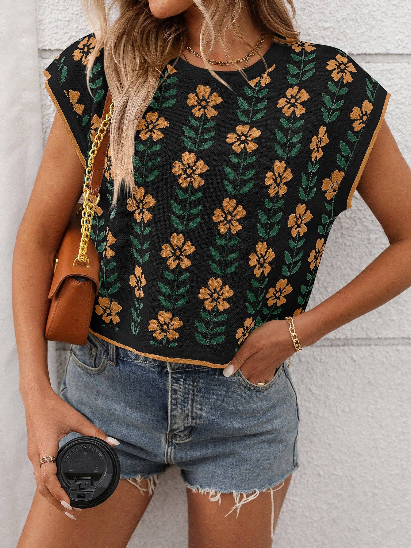 Women’s Vintage Floral Knit Crop Top Cap Sleeve Tee