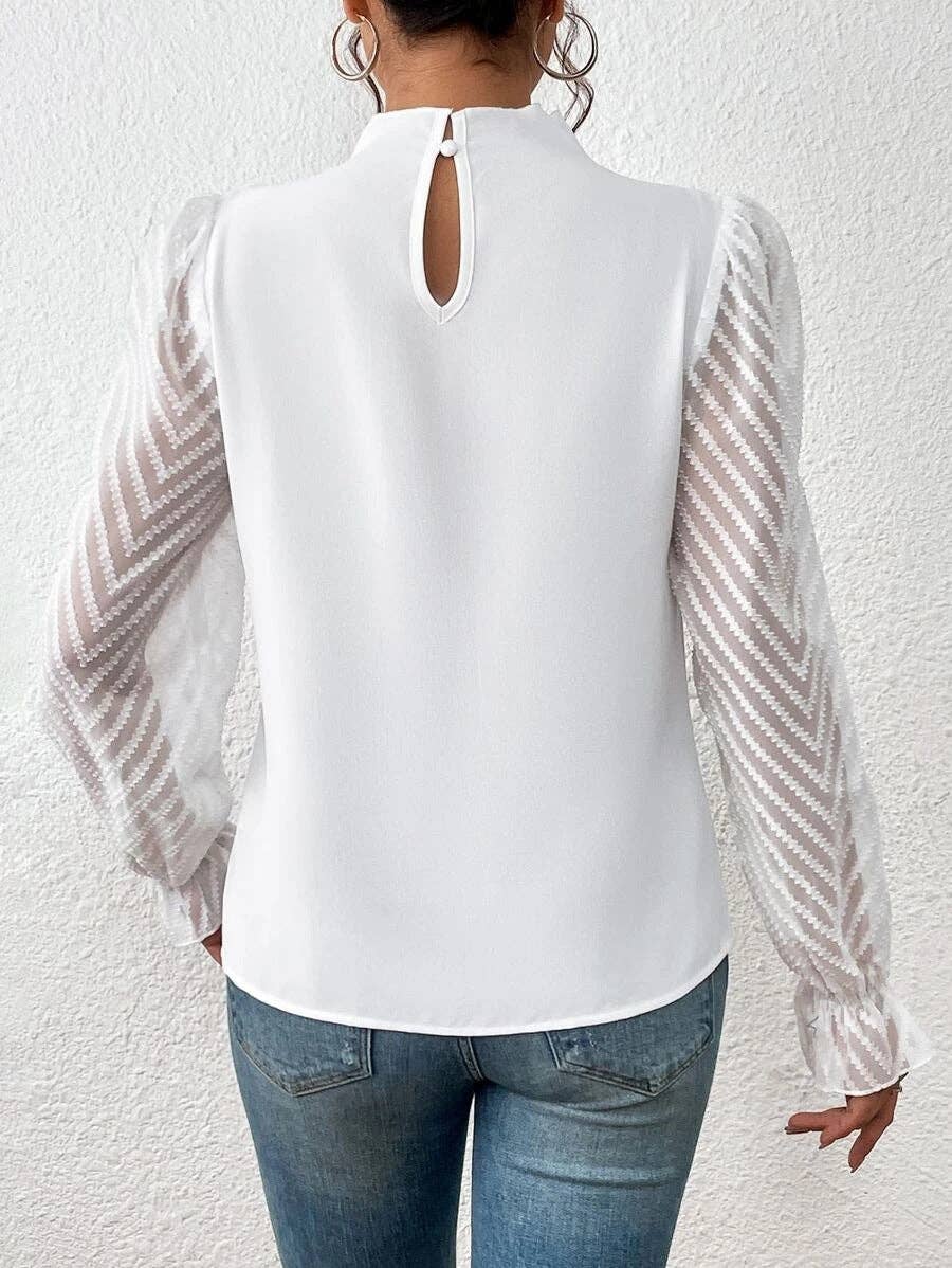 Mock Neck Chiffon Blouse Lace Sleeve Elegant Work Top