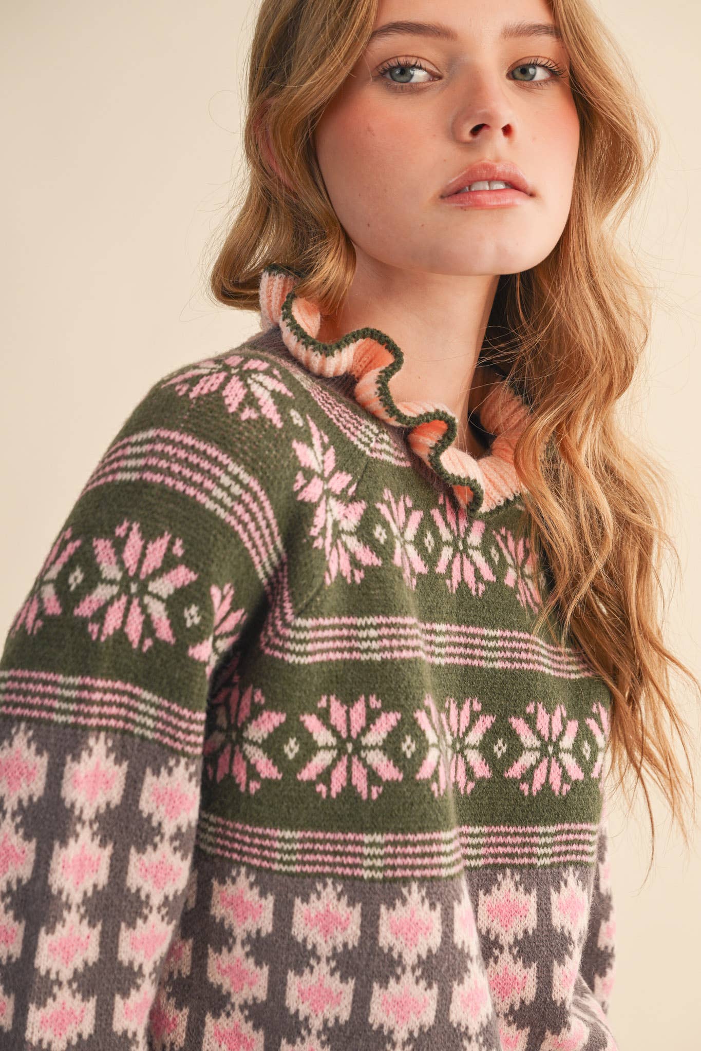 RUFFLED MOCK NECK FAIR ISLE SWEATER MSW10961