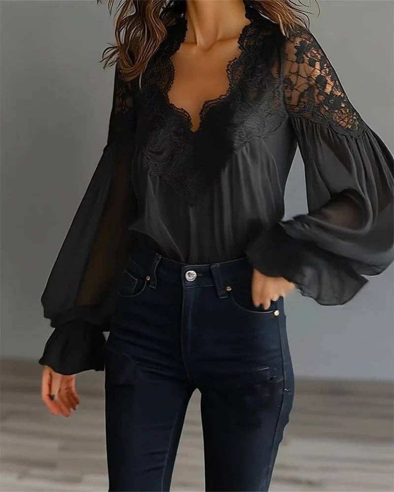 Embroidered Lace V Neck Balloon Sleeve Blouse