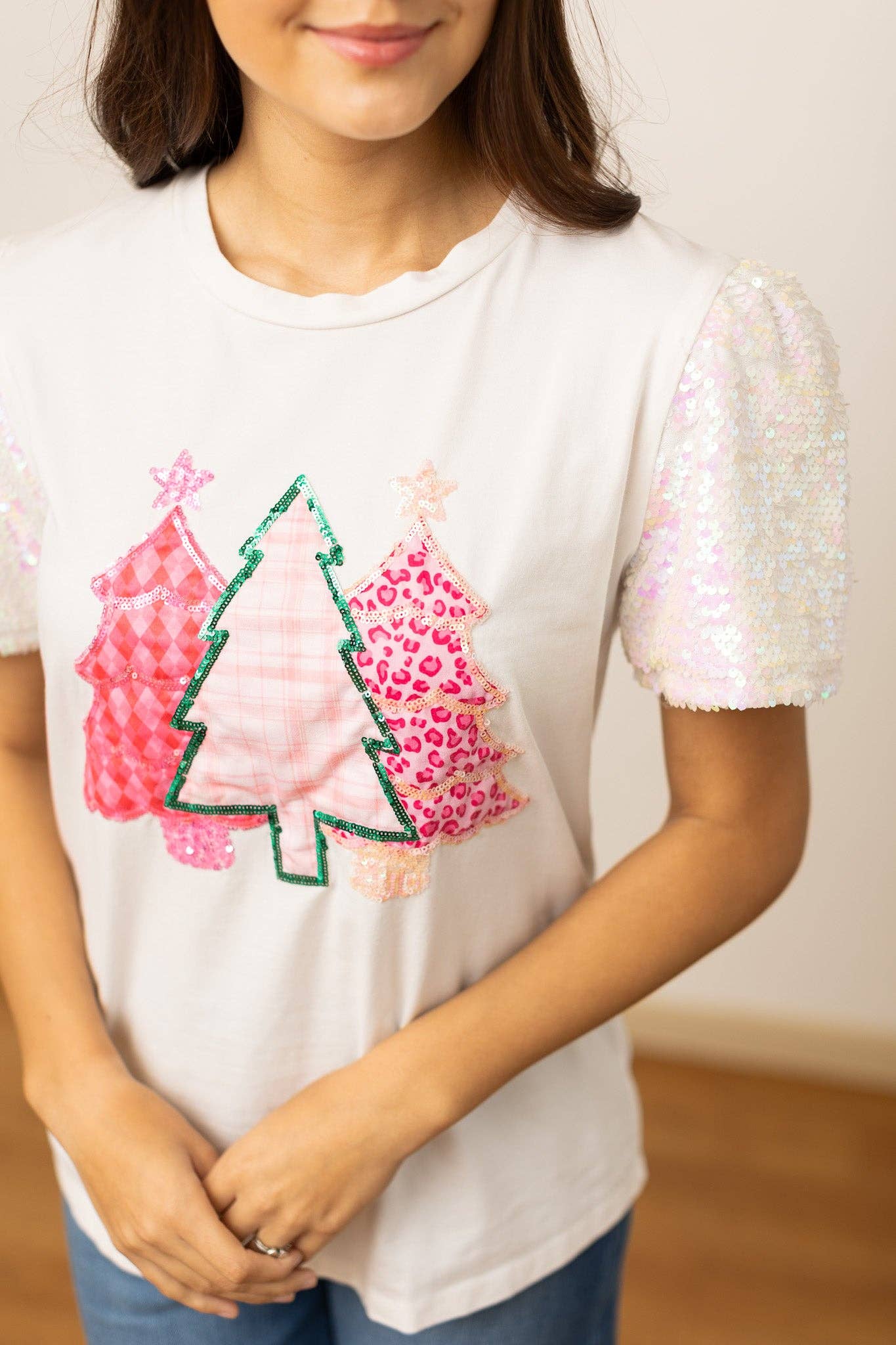 Sequin Trees on White Sequin Sleeve Top